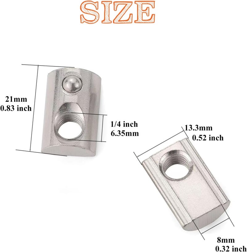 Matrelt 15-Piece 1/4"-20 Spring-Loaded T-Nuts with Ball Bearings Silver Zinc Plated Carbon Steel Spring T Slot Nut for 4040 Series/Slot 8 Aluminum Extrusions - Image 2